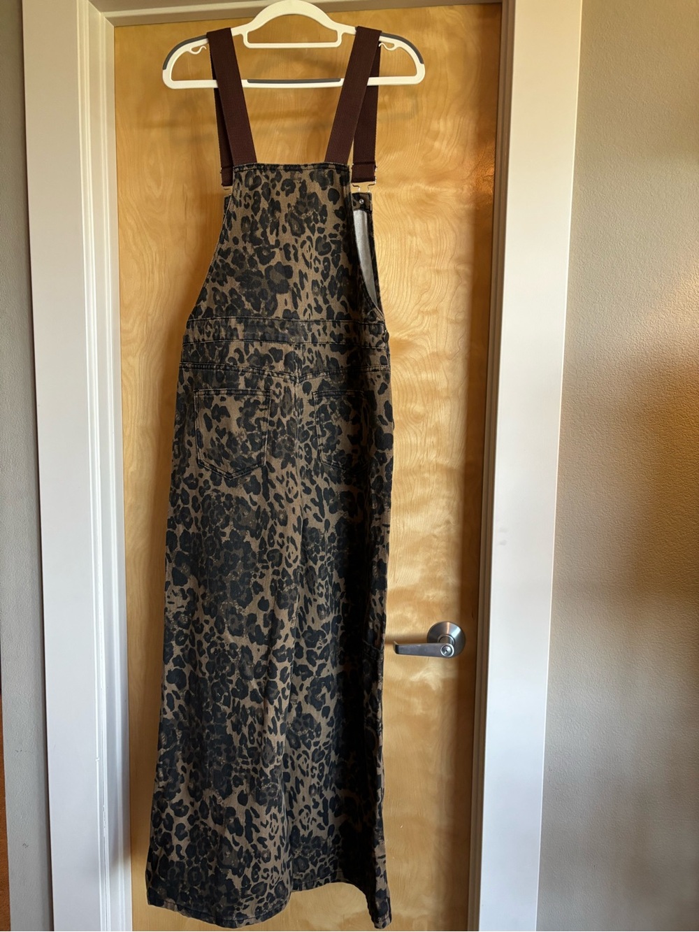 Cider Leopard Print Denim Wide Leg Overalls Baggy Viral Brown Straps NWT L - Picture 4 of 5